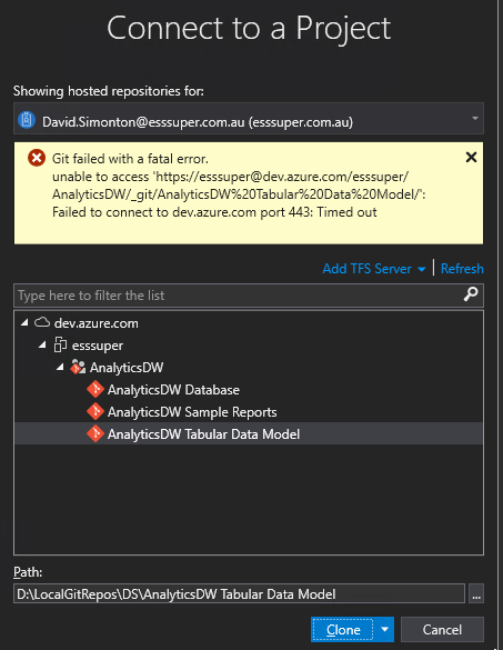 DevOps: Fix: Can't clone an Azure DevOps repository in Visual Studio and SSDT