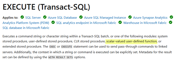 SQL: Calling a Scalar UDF with EXEC