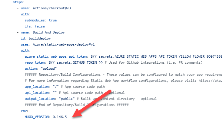 General: Controlling Hugo version in Azure Static Web Apps