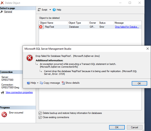 SQL: Cannot drop the database because it is being used for replication