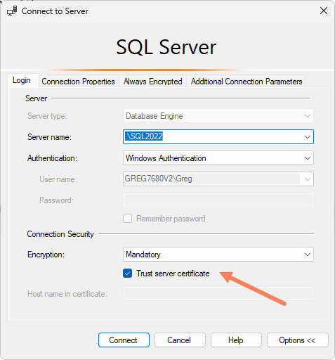 Trust server certificate dialog