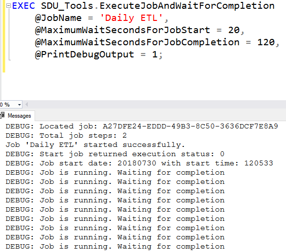 Execute job debugging info