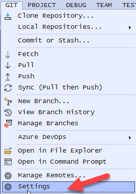 Git menu with Settings option