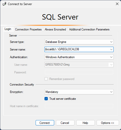 ssms connection window