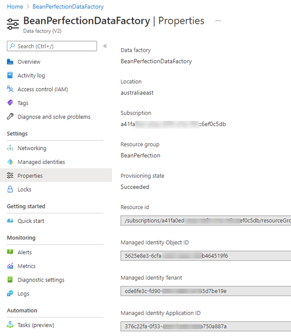 Data factory properties page