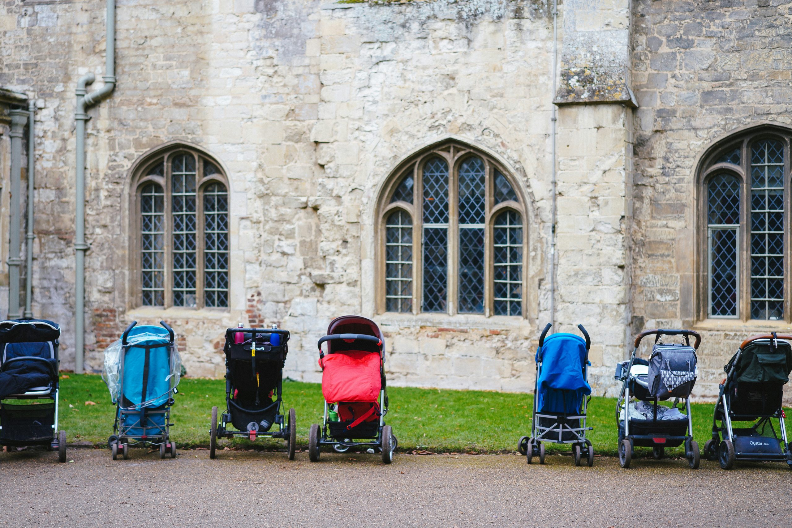 Line of strollers with one missing